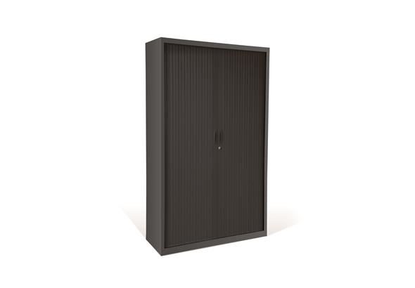 Armoire à rideaux de largeur 80 cm, avec deux panneaux de rideaux coulissants en métal, idéale pour un rangement pratique et discret dans les bureaux ou espaces de travail.