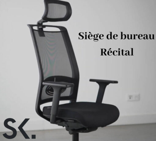 Siège ergonomique Récital installé dans un espace de bureau, montrant comment il se complète avec un bureau et d’autres meubles de travail. Le siège est positionné pour démontrer sa capacité à améliorer le confort et la posture en environnement professionnel.