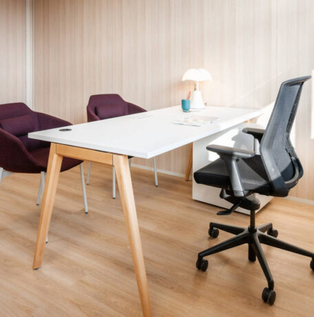 Bureau fermé équipé d'une table Woodesk et d'un siège ergonomique J1, offrant un espace de travail privé avec des équipements modernes pour un confort et une efficacité accrus.