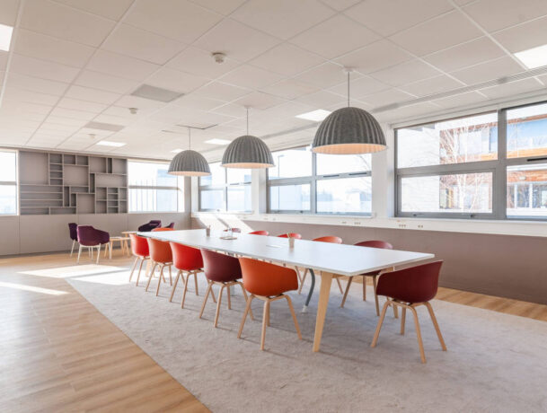 Salle de réunion chez Boiron au design scandinave, alliant simplicité et élégance avec des meubles en bois clair et des lignes épurées pour une ambiance professionnelle et accueillante.