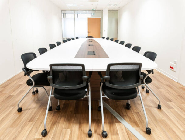 Salle de réunion spacieuse dotée d'une grande table et de chaises Birdy, offrant un cadre élégant et fonctionnel pour des discussions et des présentations en groupe.