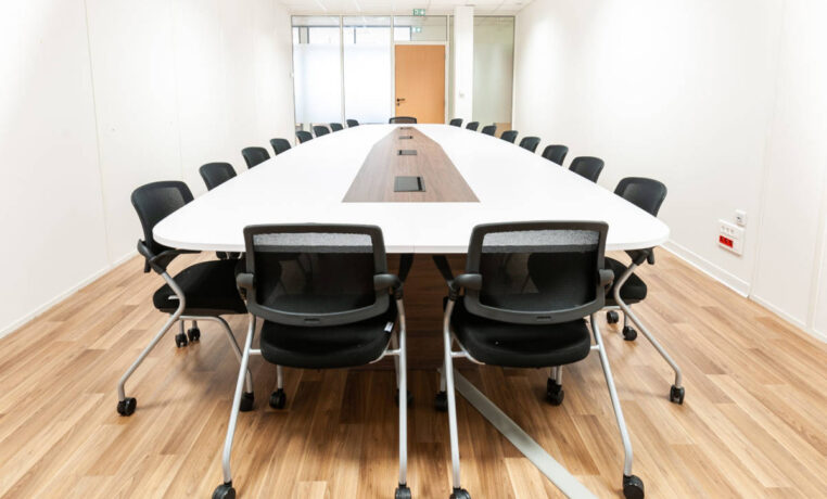 Salle de réunion spacieuse dotée d'une grande table et de chaises Birdy, offrant un cadre élégant et fonctionnel pour des discussions et des présentations en groupe.