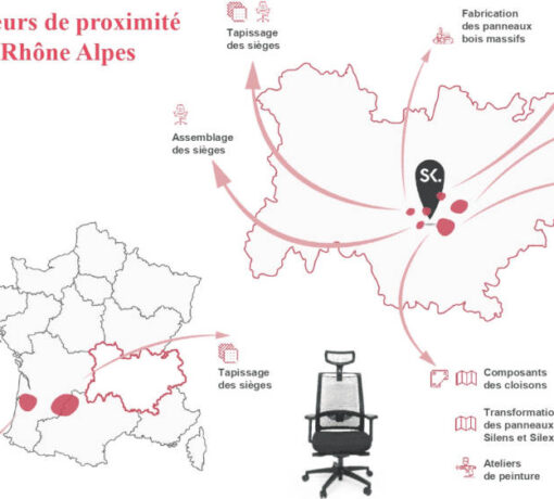 Carte et liste des fournisseurs locaux de mobilier de bureau pour Spark, mettant en avant les partenaires situés en France et spécifiquement dans la région Auvergne-Rhône-Alpes.