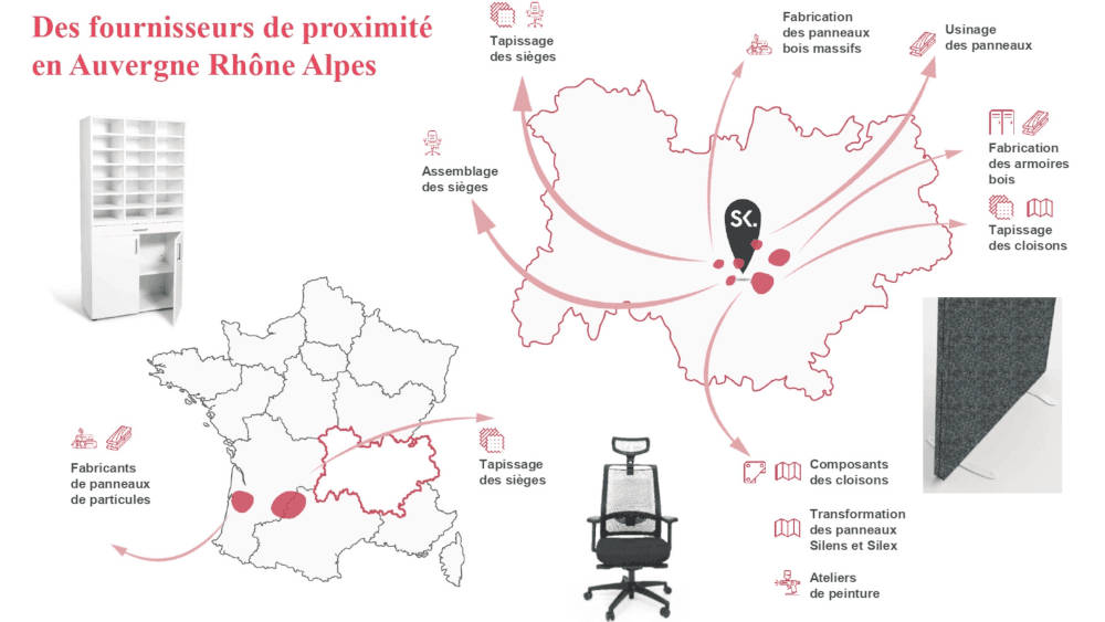 Carte et liste des fournisseurs locaux de mobilier de bureau pour Spark, mettant en avant les partenaires situés en France et spécifiquement dans la région Auvergne-Rhône-Alpes.