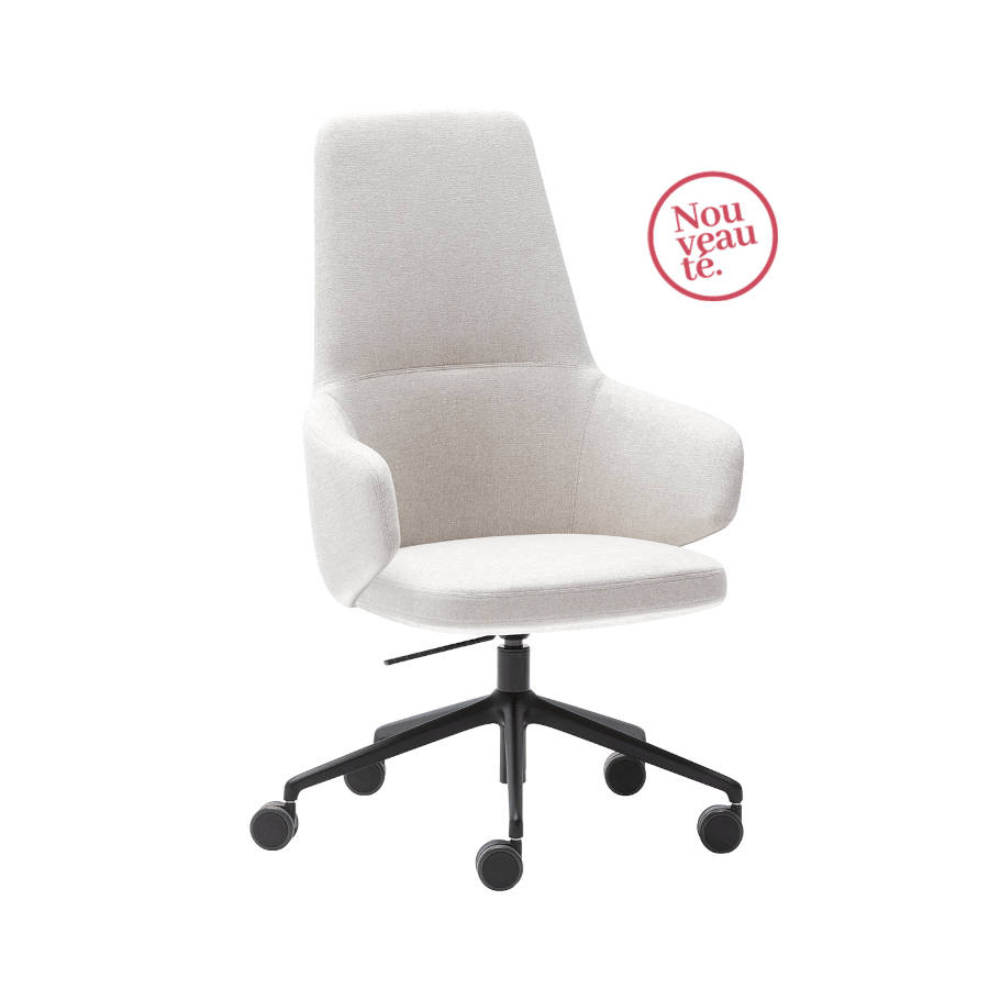 Fauteuil Swivel, présentant un design moderne avec une assise pivotante et un dossier ergonomique. Le fauteuil est conçu pour offrir confort et flexibilité dans les environnements de bureau avec son mécanisme de rotation fluide.