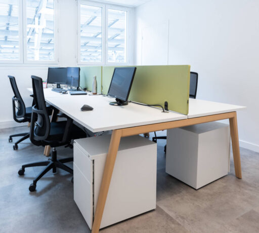 Espace de travail chez Deltalys, illustrant un aménagement moderne scandinave avec des bureaux Woodesk, des cloisons acoustique verte, au couleur de la marque, pour encourager l'interaction.